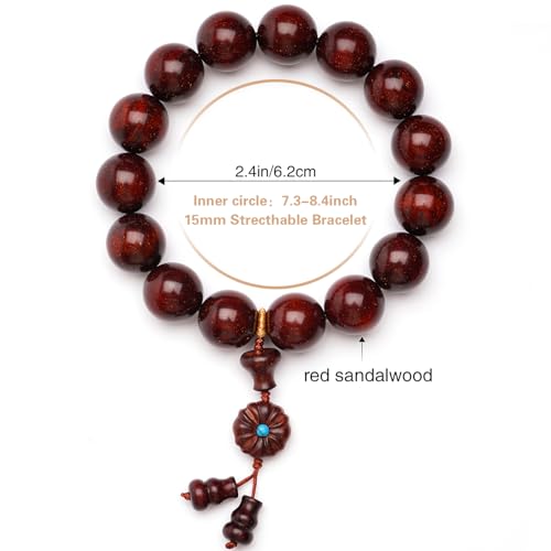 Meditaiton Men Beaded Bracelets, Handmade Sandalwood Mala Beads, Buddhist Prayer Red Wood Bracelets, Comfortable for Daily Wear Yoga Gift for Men - color: 15mm Bead with Full Golden Star