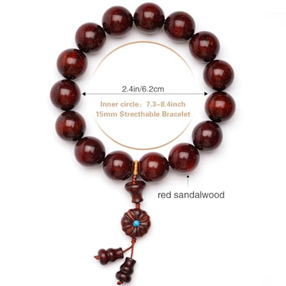 Meditaiton Men Beaded Bracelets, Handmade Sandalwood Mala Beads, Buddhist Prayer Red Wood Bracelets, Comfortable for Daily Wear Yoga Gift for Men - color: 15mm Bead with Full Golden Star