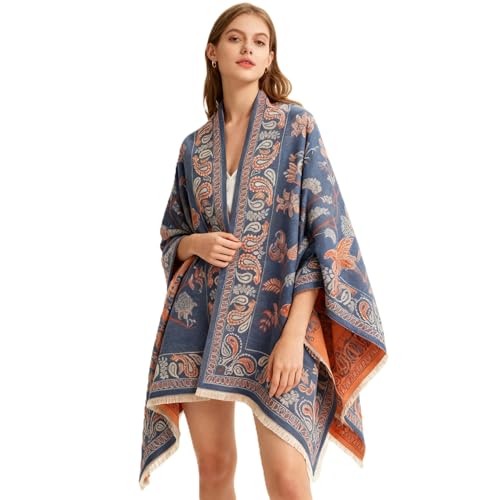 Women's Reversible Pashmina Shawl Wrap for Women Big Scarf Holiday Gifts - color: Blue-orange