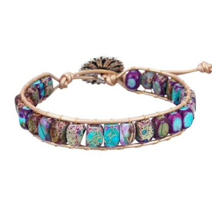 Women Boho Handmade Natural Stone Crystal Leather Bead Wrap Bracelets Collection - style: Purple Blue Jasper 1W