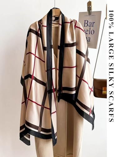 Large Shawl Scarf For Women Lightweight Wraps Silky Headscarf Long Sunscreen Scarfs - color: T12 Light Brown Grid / 70"x 35"