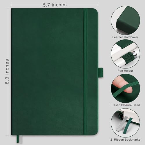 RETTACY Dotted Journal Notebook, 192 Pages, A5 Medium Size (5.7'' x 8.3''), Leather Hardcover, 100 GSM Thick Paper, for Journaling, Planning, Tracking (Dark Green) - color: Dark Green, style: Dotted