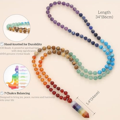 COAI Handmade 108 Beads Mala Necklace for Women, Green Aventurine/Amethyst Onyx 7 Chakra Necklace for Women - style: 7 Chakra