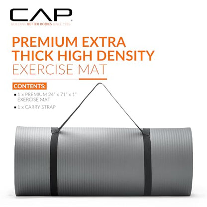 CAP Barbell 1-Inch High Density Exercise Yoga Mat with Strap | Multiple Colors - color: Gray