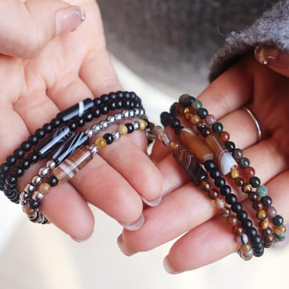 Natural Stone 4mm Round Beads Agate Adjustable Braided Elastic Rope Bracelets Unisex for Men Women - color: Color2-4pcs