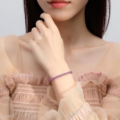 MAIBAOTA Healing Crystal Bracelet for Women Men, 8/4 mm Natural Stone Beaded Bracelets, Jewelry Birthday Gifts, Round Gemstones Stretch Bracelets - color: Purple-Amethyst, size: 4 mm