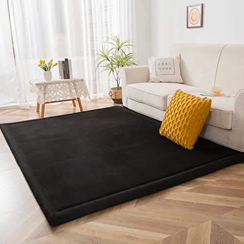 MAXYOYO Black Coral Velvet Area Rug, Thick Japanese Tatami Mat Living Room Carpet with Non-Slip Backing, Large Solid Color Mat for Bedroom Dormitory Yoga, 78 by 158 inch - color: Black, size: 78"x158"