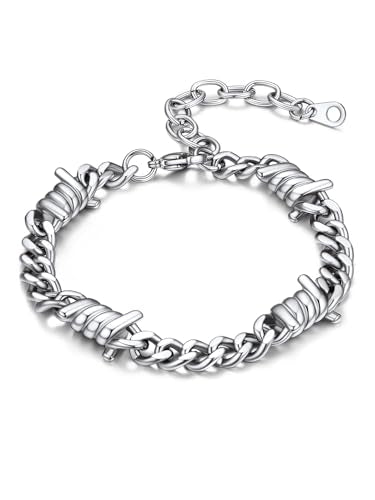 Bandmax Barbed Wire Chain Bracelets for Men Women Stainless Steel/Black/Gold Thorn Cuban Link Bracelet Adjustable Punk Emo Style Jewelry Gift - color: 07 7MM-Silver Tone