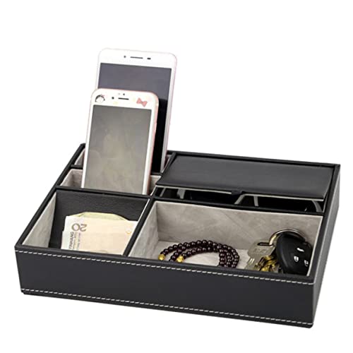 Storage Container Box with Compartments for Glasses Jewelry and Phone Black Pu Organizer Lidded for Protection Versatile Desktop Storage