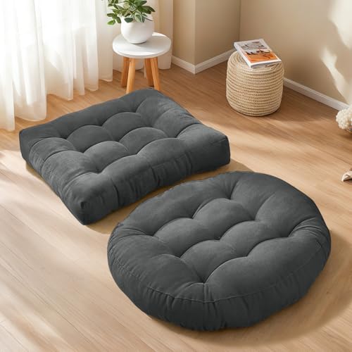 Floor Cushion Pillow Set of 2 Large Round and Square Floor Pillows for Adults Meditation Cushion Pillow Grey Tufted Corduroy Cushions for Living Room Outdoor Yoga Tatami Fireplace,20x20 Inch - color: Grey