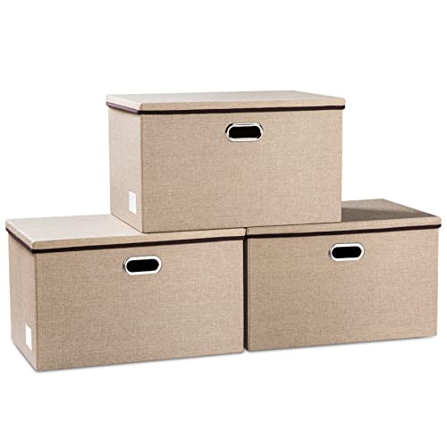 PRANDOM Extra Large Collapsible Storage Bins with Lids [3-Pack] Linen Fabric Foldable Storage Baskets Boxes Organizer Containers Cube with Cover for Bedroom Closet Office Nursery (22.8x15.75x13.8) - color: Khaki, size: XXL (3-Pack)