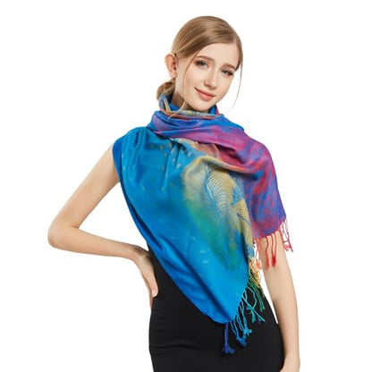 Rave Pashmina Scarf, Fashion Colorful Shawls and Wraps Soft Festival Scarves - color: B-royal Blue (Feather Pattern)