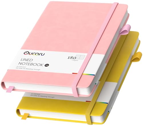 Oucaru Lined Journal Notebook, 2 Pack, 180 Pages, A5 Journals for Writing, 100 GSM Thick Paper, Small Notebooks Daily Journal for Women Men Work, Business, School, Travel Supplies - color: Pink & Yellow, size: 2 Pack