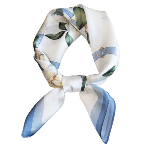 ANDANTINO 100% Mulberry Silk Scarf -21” Lightweight Square Neckerchief – Breathable Digital Printed Scarves with Gift Packed - color: Floral-pale Blue