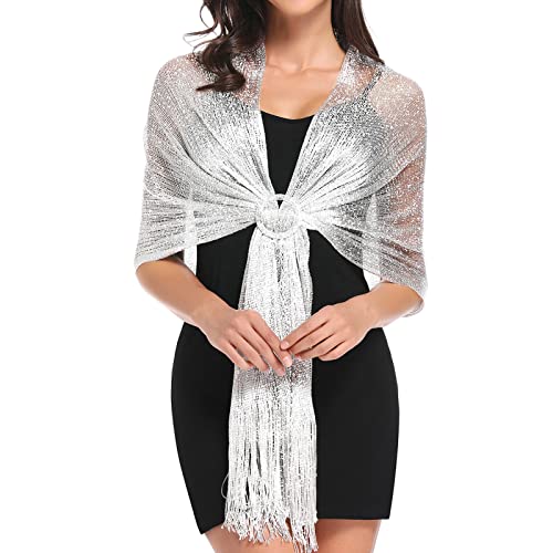 vimate Sparkling Metallic Shawls and Wraps for Evening Party/Wedding/Formal Dresses (With Free Buckle) - color: A#. Silver (With Silver Buckle)