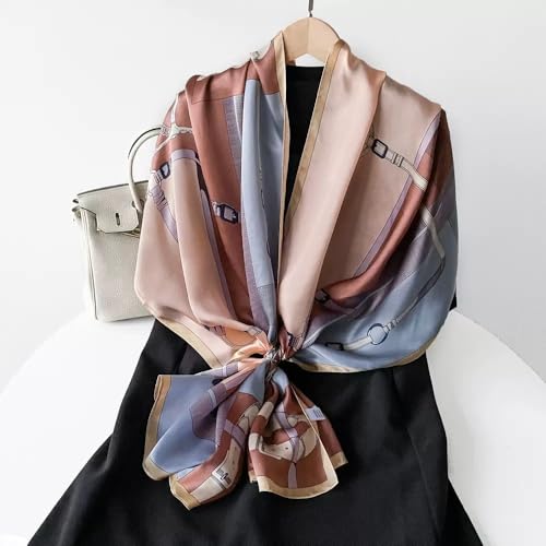 100% Mulberry Silk Long Scarf for Women Large Shawls for Headscarf and Neck- Oblong Hair Wraps with Gift Packed - color: Belts-blue&brown