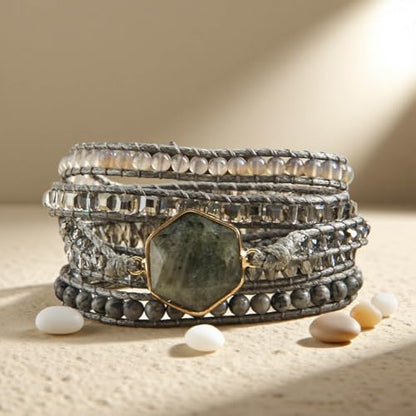 Handmade Boho Wrap Bracelets Natural Turquoise Crystal Stone Variety Beaded Strand Bracelet - color: Labradorite #2