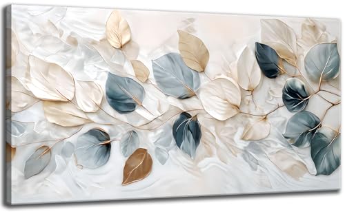 Large Living Eucalyptus Leaf Canvas Wall Art Teal White Botanical Abstract Decor painting Pictures Modern Nordic Plant Flowers Posters Prints for Bathroom Bedroom Office Hallway Home Decoration - color: white, size: 48"L x 24"W