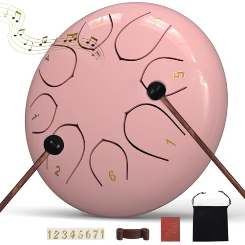 Rain Drum for Outside Garden, 6 Inches 8 Notes Steel Tongue Drums, Waterproof Meditation Echo Rain Chime, Musical Instruments for Adult Gift with Bag, Music Book, Mallets (Pink) - color: Pink, size: 6 Inches
