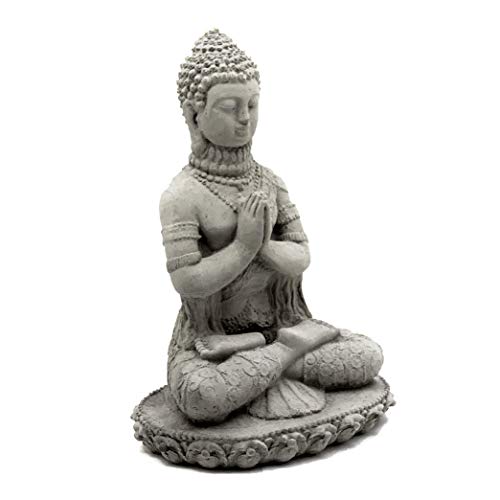 Praying Buddha Statue: Durable Solid Stone Sculpture with Aged Texture. Unique Home Décor, Garden Accent. Sealed for Outdoors. Handcrafted USA. (Antique/Gray)