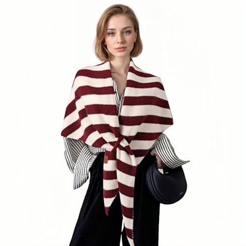 WaJuemy Pashmina Shawl Wraps for Women Cross Sweater Shawls and Wraps Cardigan Cape Front Poncho Knit Cashmere Sweater Shawl - color: 16 Red/White Stripe