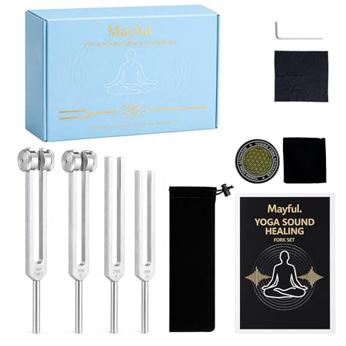 Tuning Forks for Healing Set - 128Hz, 136Hz, 256Hz, 384Hz with Activator, Weighted & Unweighted Sound Tools for Chakra Balance, Yoga, Meditation, Includes Velvet Pouch & Cleaning Cloth - color: Silver