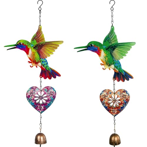 Metal Hummingbird Hanging Decor, Bird Wind Chime Bell Hanging Decor for Outdoor Garden Yard Doors Walls Living Rooms Bedrooms, 2 Pack (Bird-a-Heart) - style: bird-a-heart