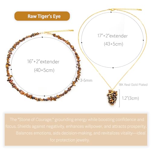 2Pcs Crystal Necklace for Women Handmade Choker Necklaces Pendant Necklace Natural Stone Gemstone Beaded Necklace 18k Gold Plated Adjustable Dainty Necklace for Women - color: Tigers Eye