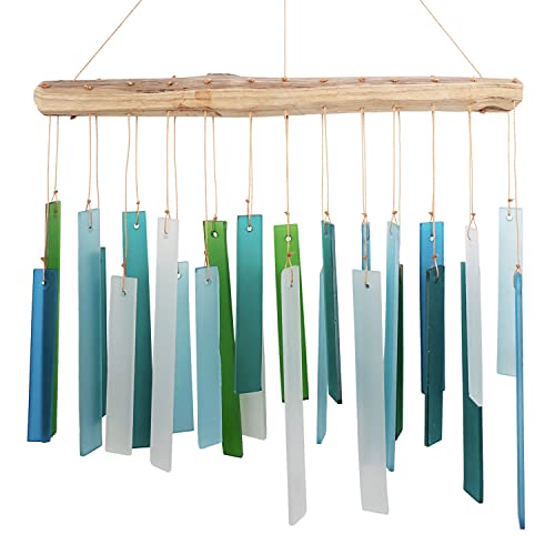 Blue Handworks Sea Glass and Driftwood Chime - Sandblasted Glass and Found Wood Hand Crafted Wind Chime