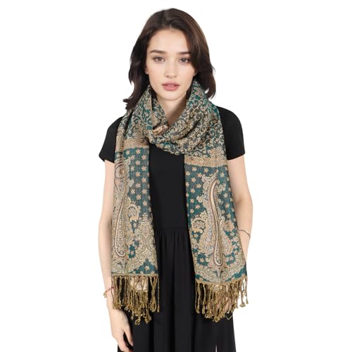 MUQU Women Pashmina Shawls and Wraps Scarf Soft Silky Reversible Paisley Scarves Shawl for Women - color: Green+orange