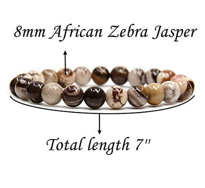 Angelstones Handmade Natural Healing Gemstone 8mm Round Beads Stretch Crystal Bracelet 7 Inch Unisex - color: African Zebra Jasper