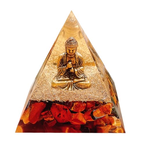 Natural Tiger's Eye Stone Orgone Pyramid, Orgonite Crystal Healing Pyramid with Built-in Buddha Statue, Attract Wealth Success, Prosperity, Balance Chakra Used for Meditation & Healing, 6cm - color: Yellow2