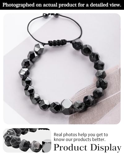 Beaded Bracelet for Men, 10mm Natural Stones Bracelet for Men's Gift, Adjustable Precision-Cut Gemstone Crystal Healing Bracelet, Protection Jewelry Gift with Hematite, Tiger Eye - style: Black Labradorite & Hematite