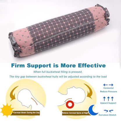 Round Neck Buckwheat Pillow, Neck Support Cervical Pillow for Side and Back Sleepers with Removable Washable Cover (16x4 inch, Grey&Pink) - color: Grey&pink