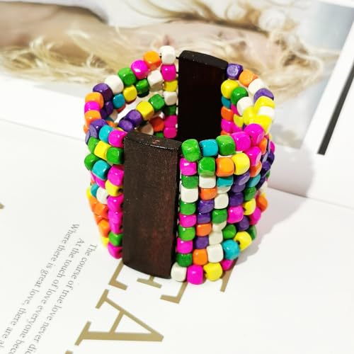 Stretch Wooden Beads Cuff Bracelets Multi Layered Natural Wood Beads Chunky Bangle Wooden Handmade Wide Bracelets Bohemia Jewelry for Women Men - color: D