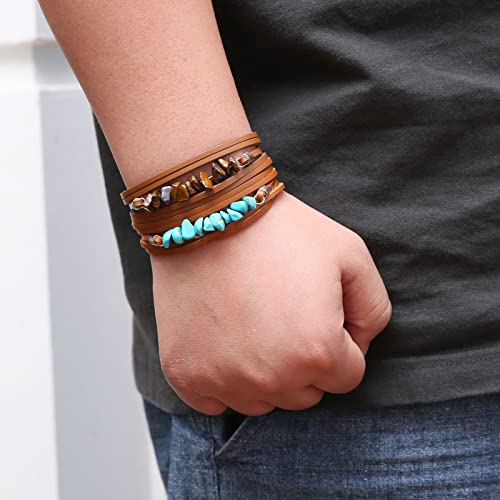 HZMAN Wrap Bracelets Men Women, Hemp Cords Wood Beads Ethnic Tribal Bracelets, Leather Wristbands - style: Turquoise Gravel