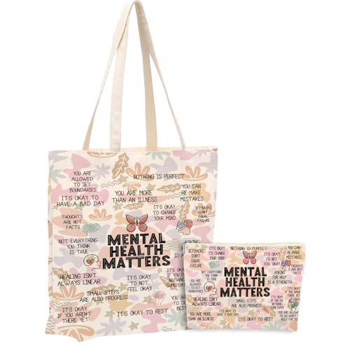 Mental Health Gifts for Women, 2PCS Cosmetic Bag Canvas Tote Bag Beach Bags with Pocket Makeup Bags Positive Mental Health Gifts Inspirational Gift for Women Friend Birthday Friendship Christmas - color: Mental Health1 0942