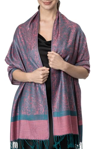 Achillea Two-Tone Vintage Paisley Pashmina Scarf – Lightweight Wrap & Shawl for Dresses, Weddings, Travel, All Seasons - color: Pink Teal