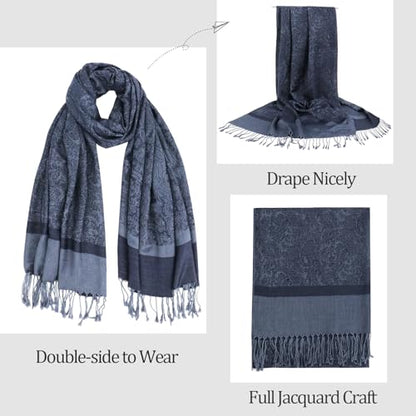 Silky Paisley Pashmina Shawl Scarf-Women's Soft Double-side Jacquard Pashminas Wrap for Evening Dress Travel Shawl - color: A-navy Blue