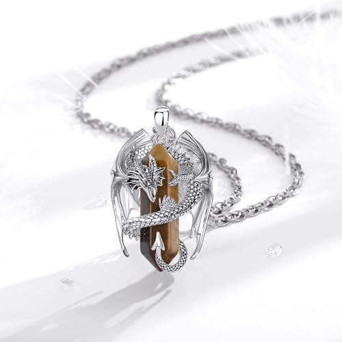 INFUSEU Unique Dragon Necklaces with Healing Crystal Stone for Men Women, Personalized Spiritual Gifts, 24 Inch Chain - color: Tigers Eye