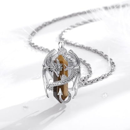INFUSEU Unique Dragon Necklaces with Healing Crystal Stone for Men Women, Personalized Spiritual Gifts, 24 Inch Chain - color: Tigers Eye
