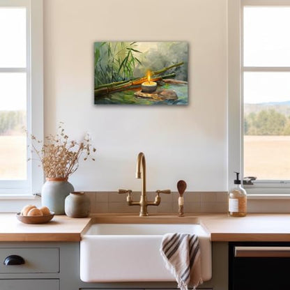 Zen Wall Art, Zen Stone Canvas Art Prints for Meditation Office Decor, Modern Green Bamboo Pictures Spiritual Wall Decor, Calming Water Painting Framed Artwork for Yoga Spa Decorations 12x18 Inches