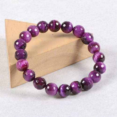 Justinstones Gemstone Crystals Chakra Beads Bracelet Crystal Healing 10mm Round Stretchable Bracelet for Her Gift - color: Faceted Dyed Purple Tiger Eye
