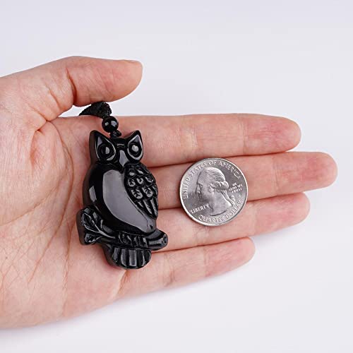 Black Obsidian Necklace Natural Crystal Amulet Protection Pendant with Adjustable Rope Lucky Talisman Necklaces Jewelry Gift for Men Women - color: Owl B