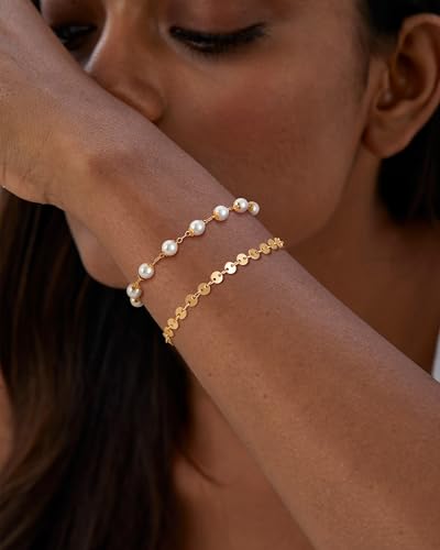Dremmy Studios Gold Bracelet for Women 18K Gold Plated Dainty Paperclip Cubic Zirconia Disc Coin Star Cable Satellite Bead Pearl Simple Boho Minimalist Stacking Layered Link Jewelry Gift - color: Bead Pearl