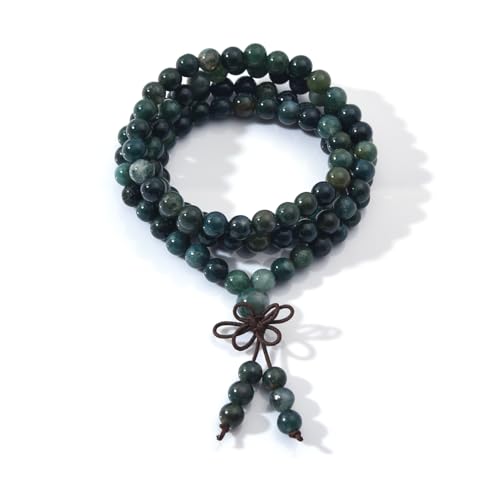 108 Mala Prayer Beads Bracelet 6mm Genuine Gemstone Healing Crystal Stone Beaded Bracelet Buddhist Tibetan Handmade Knotted Elastic Necklace for Yoga Meditation Unisex Women Men - color: Moss Agate