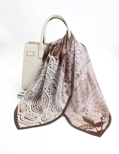 ANDANTINO 100% Mulberry Silk Square Scarf for Hair-25.6" X25.6'' Women Men Natural Silk Neckerchief Digital Printed Headscarf - color: Flowers-coffee