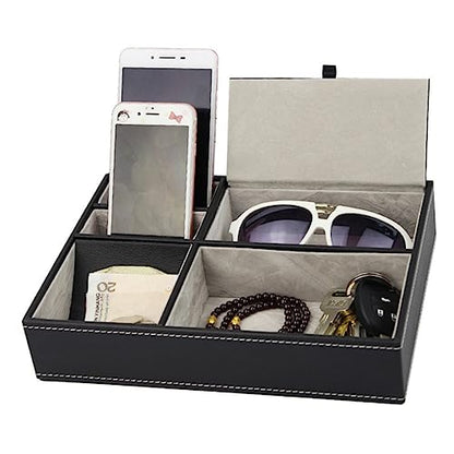 Storage Container Box with Compartments for Glasses Jewelry and Phone Black Pu Organizer Lidded for Protection Versatile Desktop Storage