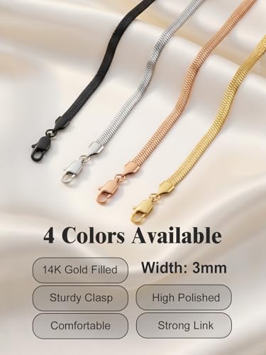FOCALOOK 14K Gold Plated Necklaces for Women, Fashion Herringbone Choker Necklace Stainless Steel Flat Snake Chain 3/5MM(W) 12.5"/15"/18"+3.5"(L) - color: 3MM-Black-12.5"