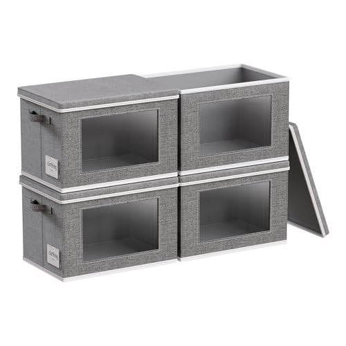 4-Pack Fabric Storage Bins with Lids, Collapsible Closet Storage Bins with Clear Window Large Storage Boxes with Handles Closet Organizers for Shelves, Wardrobe, Grey, 15"×9.8"×9.8" - color: Grey, size: L (15“ x 9.8” x 9.8")